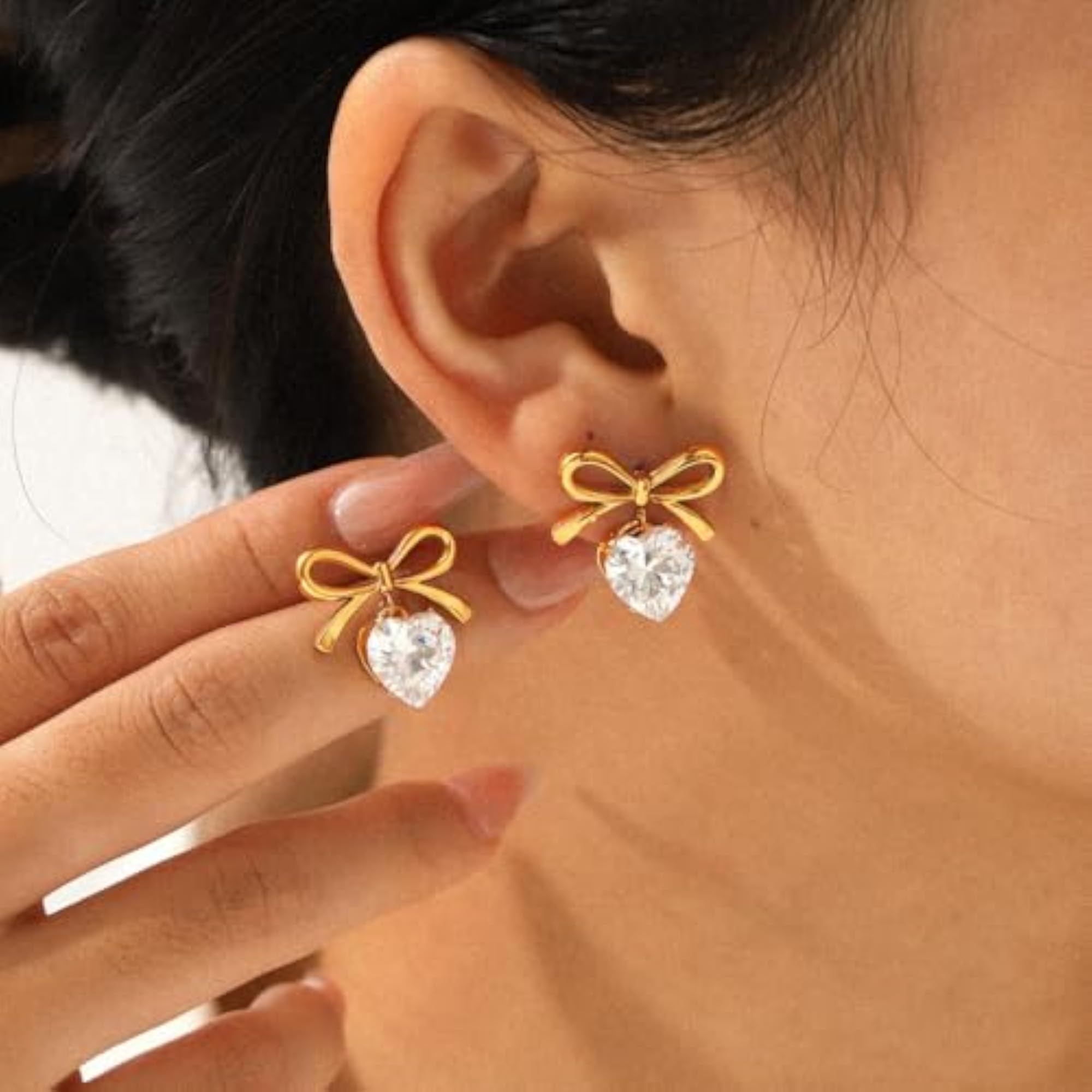 Women's 18K Gold Plated Bow Heart CZ Drop Earrings, Gift for Her